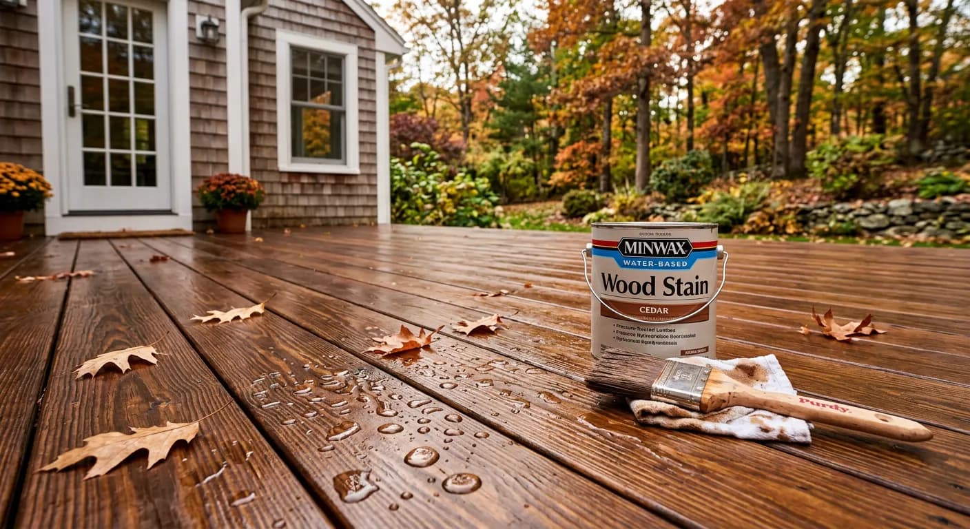 Freshly stained wooden deck protected from water before winter in Massachusetts