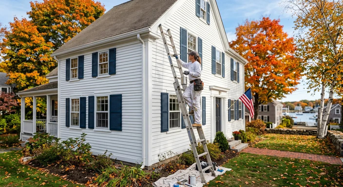 Painter painting the siding of a New England home in autumn with fall foliage in Massachusetts