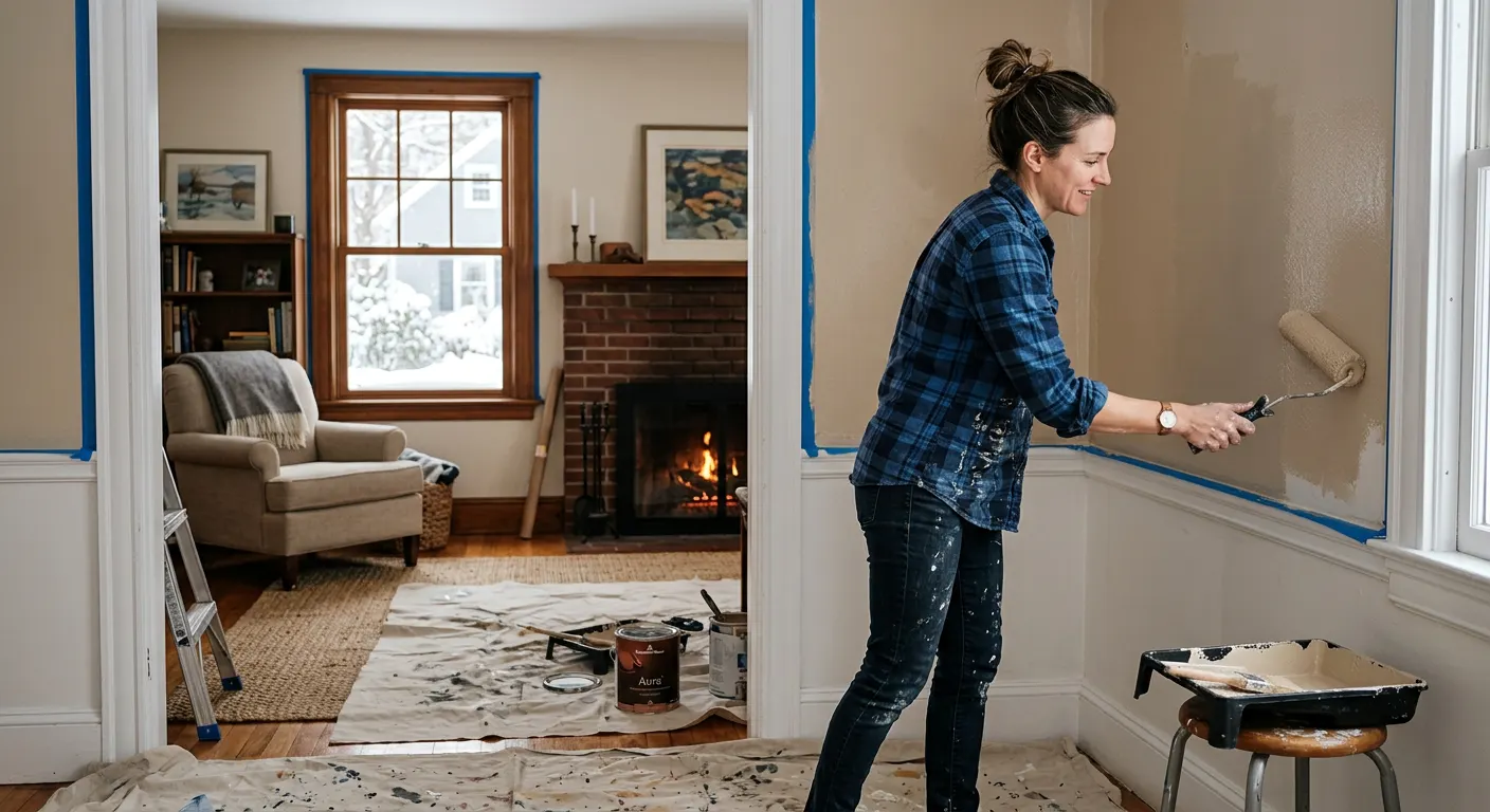 Painter rolling paint on a living room wall inside a Massachusetts home during winter