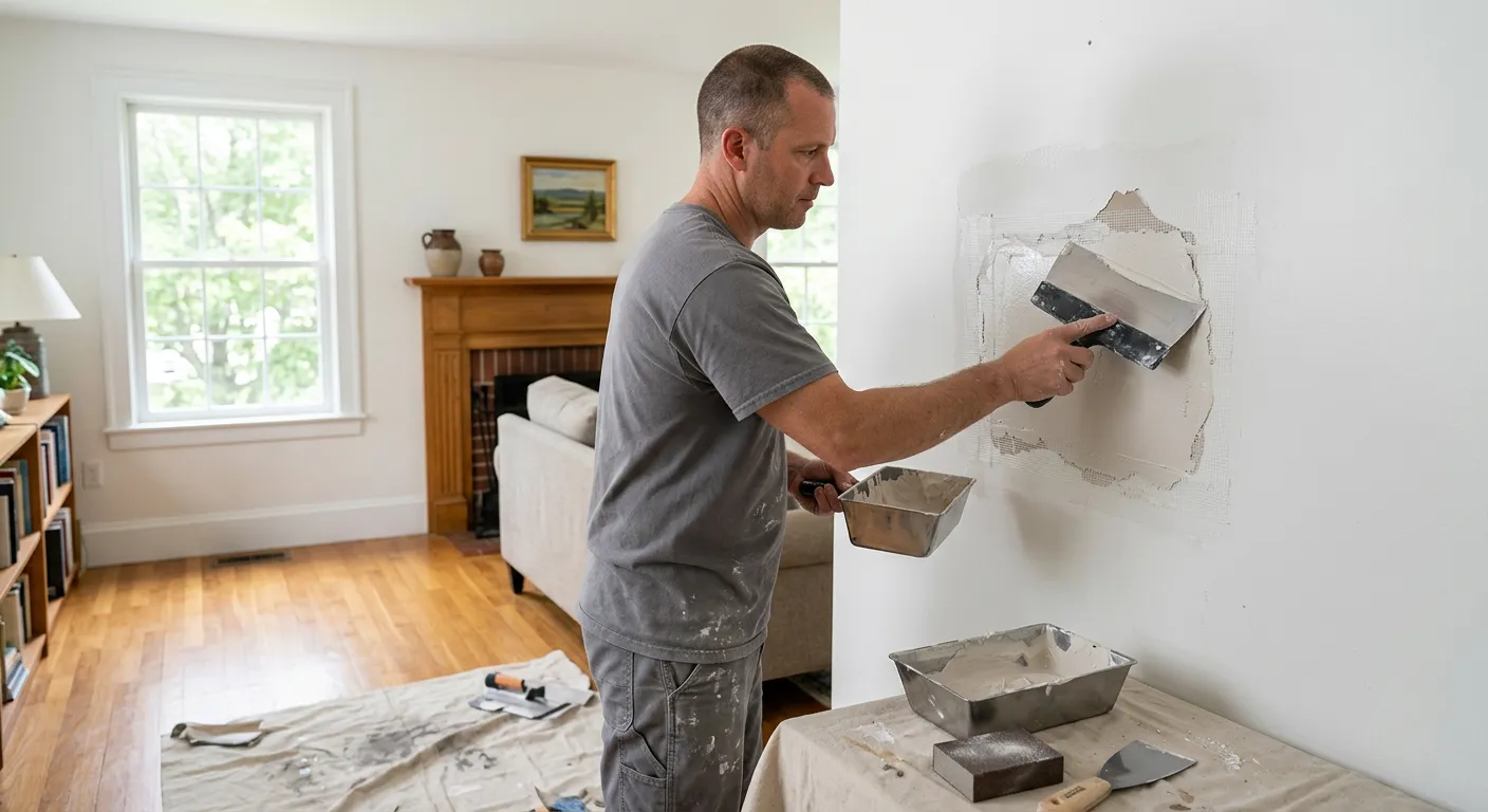 Painter applying joint compound over a drywall patch in a New Bedford MA living room