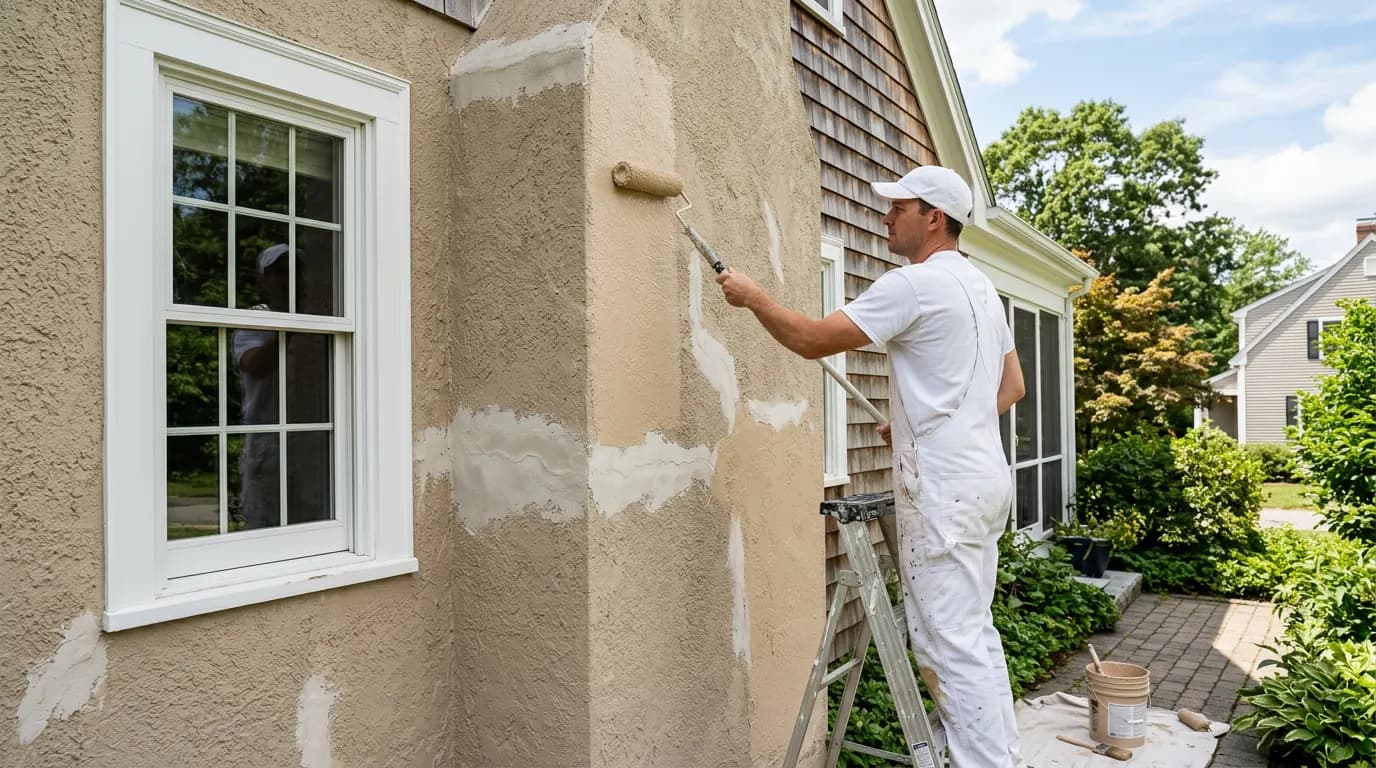 Repaired and freshly painted stucco exterior wall in New Bedford MA