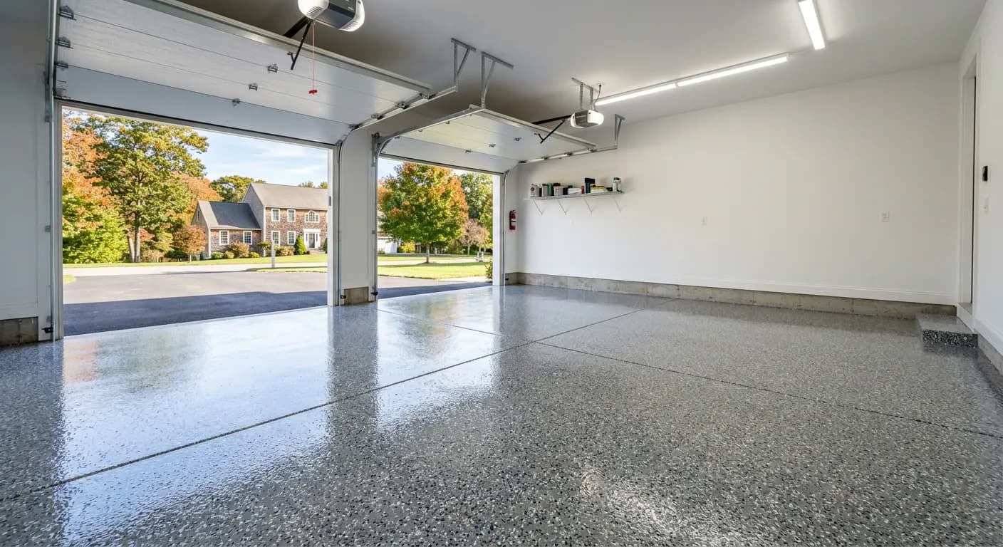 Glossy gray epoxy garage floor with decorative flakes installed by NG Painting Pro in New Bedford MA
