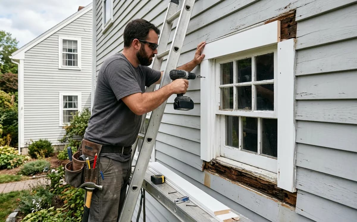 Carpenter replacing rotted window trim on a house in New Bedford MA