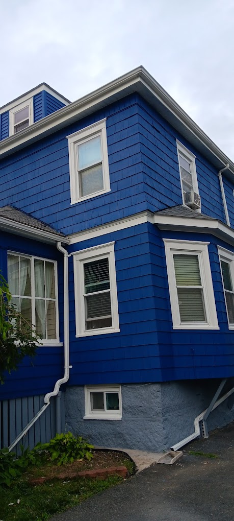 Blue house with white trim