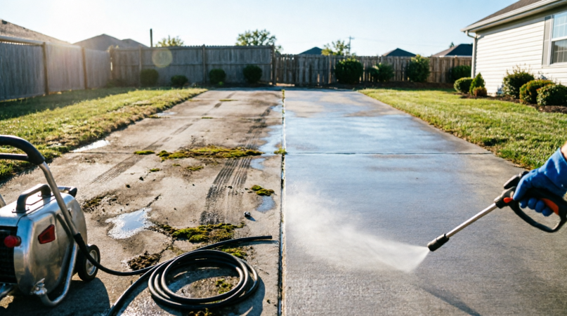 Professional pressure washing before and after driveway cleaning in Massachusetts - 10% off special offer